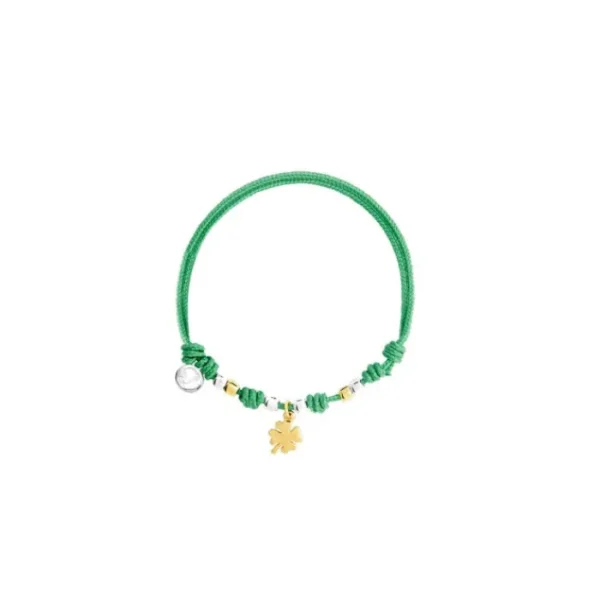 dodo Bracciale Cordino Verde Pad Quadrifoglio con mini granelli oro giallo Fashion